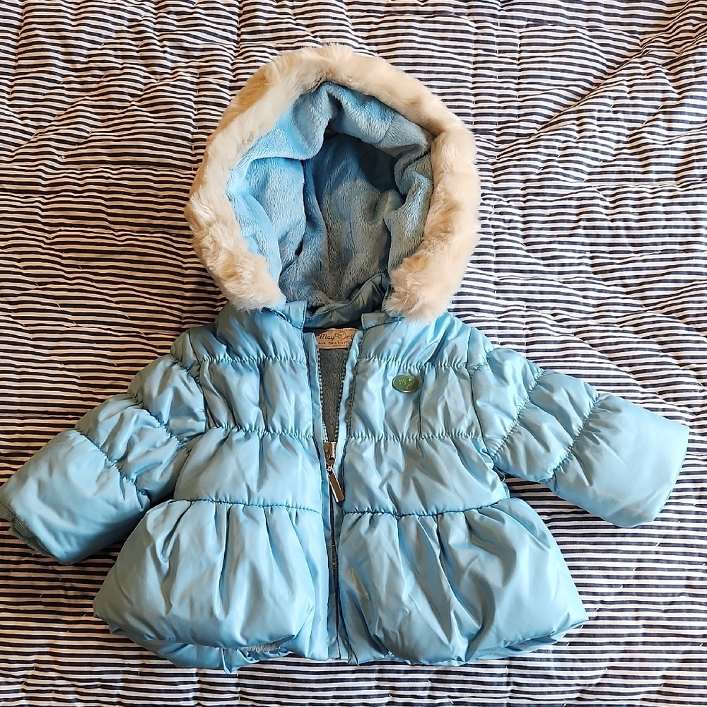 Mayoral Girls Light Blue Puffer Jacket with Faux Fur Hood